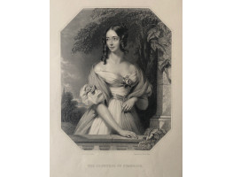 Engraved Portrait of Countess of Stanhope, Three Quarter Length, hand on balustrade, in octagonal frame,  after J. Lucas by W. & F. Holl.