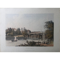 Staines Bridge, yachts on river, figures on bank, by C. Bentley.