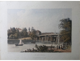 Staines Bridge, yachts on river, figures on bank, by C. Bentley.