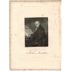 Engraved Portrait of Brookes, Three Quarter Length, seated, with anatomical atlas and specimen jar behind, facsimile signature below, after Phillips by H. Cook.