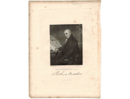 Engraved Portrait of Brookes, Three Quarter Length, seated, with anatomical atlas and specimen jar behind, facsimile signature below, after Phillips by H. Cook.
