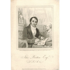 Engraved Portrait of Britton, Half Length, seated at desk surrounding by books and busts after T. Unwins by J. Thomson.