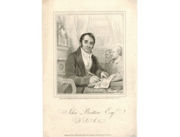 Engraved Portrait of Britton, Half Length, seated at desk surrounding by books and busts after T. Unwins by J. Thomson.