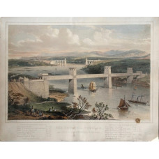 "Britannia Tubular and Menai Suspension Bridges", showing train and shipping, by and after G. Hawkins.