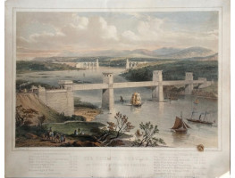 "Britannia Tubular and Menai Suspension Bridges", showing train and shipping, by and after G. Hawkins.